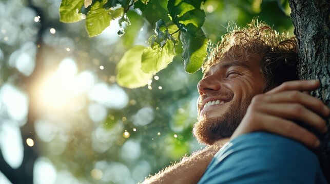A man embraces a tree with a contented smile, bathed in warm sunlight, symbolizing reconnection with nature and inner peace amid a lush green environment.