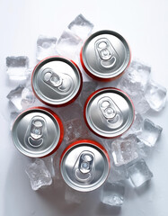 cold drink cans on top of a pile of ice cubes, isolated on a white background