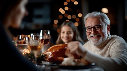 An elderly man joyfully sharing a turkey dinner with his granddaughter, symbolizing a cherished family moment and generational bonding at a festive table.