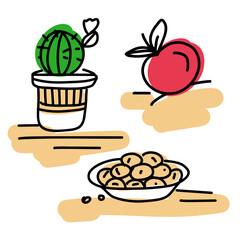 A vibrant sketch depicting a cactus in a pot, a fresh apple, and a bowl of olives on a simple background