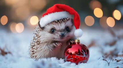 A cute hedgehog wearing a Santa hat holds a red Christmas ornament in the snow.