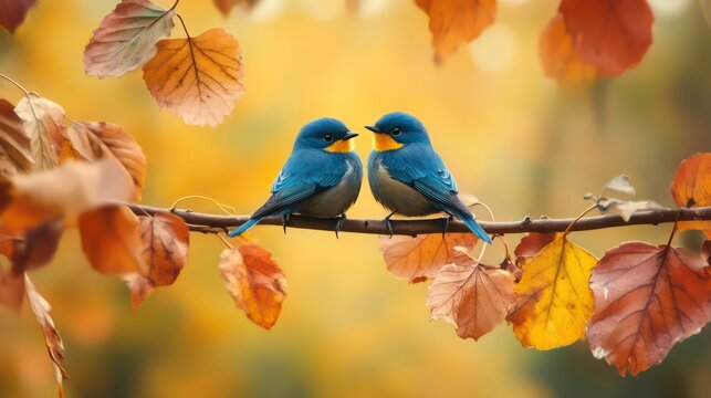 Two bluebirds perched on a branch with autumn leaves in the background.