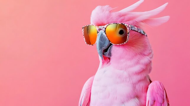 A pink cockatoo parrot wearing cool sunglasses against a pink background.