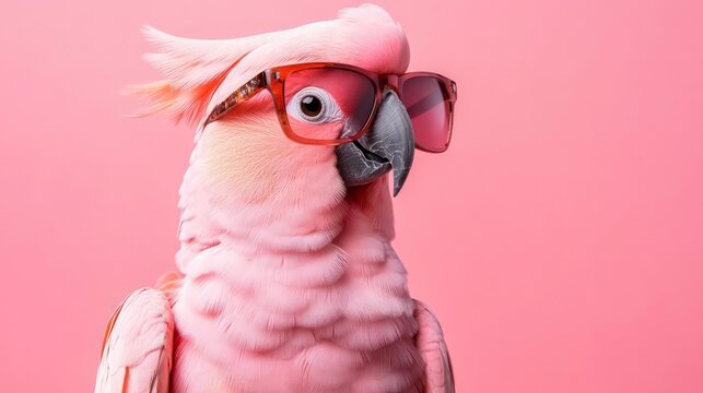 A pink cockatoo wearing pink sunglasses against a pink background.