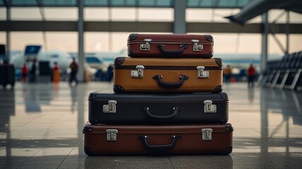 Stack of traveling at air terminal and traveler plane flying vacation abroad luggage bags airport.