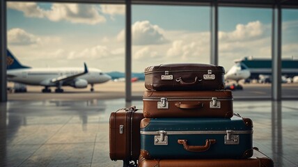 Stack of traveling at air terminal and traveler plane flying vacation abroad luggage bags airport.