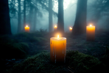 Candles on Stone in Misty Forest