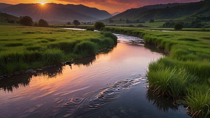 Sunset Reflected on Calm River Flowing Through a Verdant Valley With Lush Green Hills.