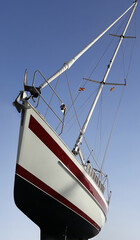 Yacht from a low angle against the sky. Arenal Yacht Club. Mallorca Island. Spain.

