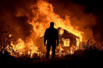 Obraz premium Silhouette Watching House Engulfed in Flames