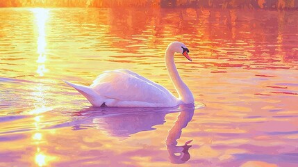 Fototapeta premium A white swan gracefully floats atop an orange-yellow lake, reflecting the golden sunlight