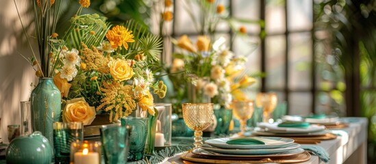 Elegant and inviting dining table setting featuring a beautifully arranged floral centerpiece fine tableware and glassware in a cozy and intimate home interior design