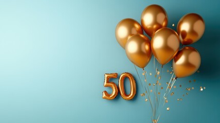 Golden balloons artfully arranged against a blue backdrop with '50' prominently displayed, symbolizing celebration, milestone achievements, and festivity.