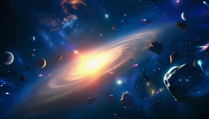 Fototapeta premium Universe cosmos space and time. Space objects planets stars glows comets nebulae satellites and meteorites. Gravitationally bound system of interstellar gas, dust and dark matter, galaxies. AI