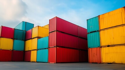 Fototapeta premium Stacked Colorful Shipping Containers in a Yard Representing Global Logistics and Transportation