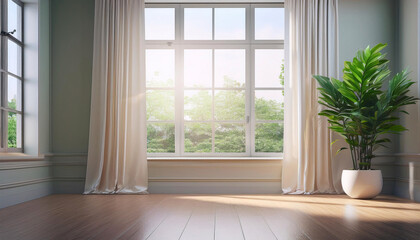 Sunlit room with a large window, curtains, and a plant basking in the light