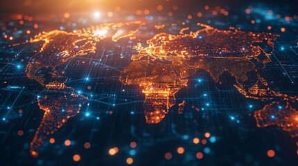 Illuminated Digital World Map with Connecting Lines