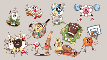 Groovy sport equipment and games cartoon characters set. Funny retro soccer and volleyball, basketball and rugby, tennis and golf mascots. Cartoon stickers of 70s 80s style vector illustration © setory