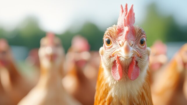 A group of chickens facing the camera, their curious gazes creating a sense of unity and community while displaying individual personalities among the flock.