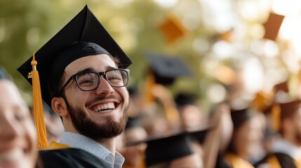 An ecstatic graduate beams with pride and happiness, surrounded by the jubilant atmosphere of a graduation ceremony, with fellow graduates sharing in the joyous occasion.