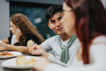 Students engage in a lively discussion at the school cafeteria, sharing a meal and building social connections. Captures the essence of student life and friendship.