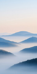 Fototapeta premium Green hills and forests on a sunny day, featuring misty fields and haze, showcasing a minimalist gradient that highlights the serene beauty of nature