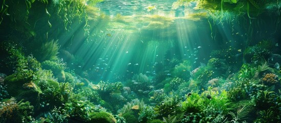 Fototapeta premium Enchanting Underwater Oasis An Ethereal Aquatic Landscape of Vibrant Coral Reefs and Shimmering Sunlight Casting Captivating Patterns and Reflections in the Pristine Ocean Waters