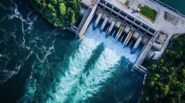 An aerial view of a hydroelectric dam with water rushing through the spillway.