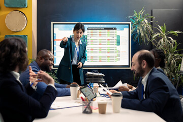 Teammates gathering in a conference room for meetings to go over their input after examining sales...