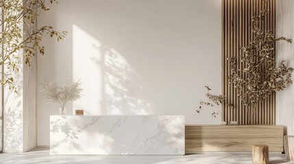 Professional-grade photo of a minimalist reception with a white wall mockup, marble desk, and wooden accents in ultra HD