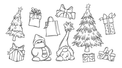 Christmas season decorations line icons set. Outline hand drawn Xmas tree with garland and balls, cute gnome and snowman, gift box. Christmas holidays mascots, icon collection vector illustration