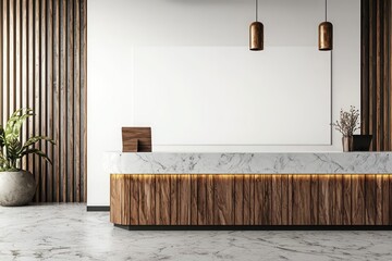 Professional color graded image of a modern reception area with a blank white wall, marble counter, and wooden details in a  ratio