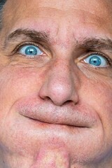 Funny, angry and weird face expression of a close up man.