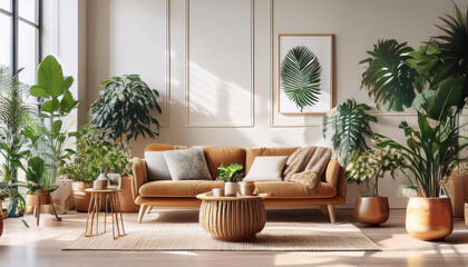 Obraz premium Lush indoor plants surround a cozy, well-lit living space