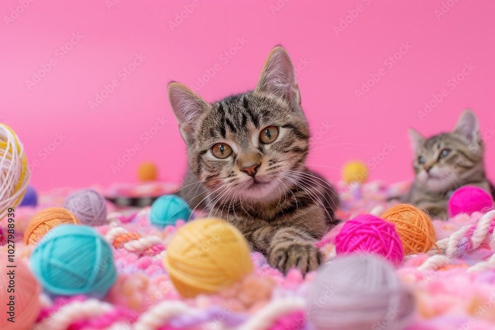 Poster two playful kittens enjoy a lively moment, surrounded by colorful yarn and balls in a cheerful pink 
