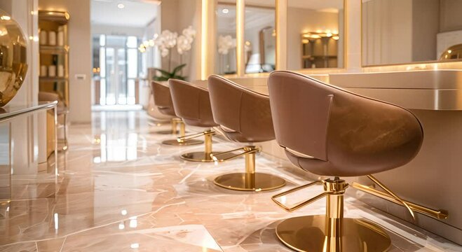 Modern Salon Interior with Gold Accents and Stylish Barbers Chairs