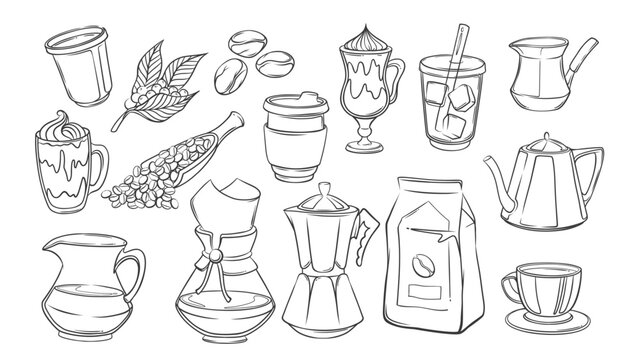 Coffee doodle set, cafe and bar drink menu, kitchen pots line icons. Hand drawn retro kettle and chemex, plastic and glass cups. Coffee break mascot, outline icons collection vector illustration