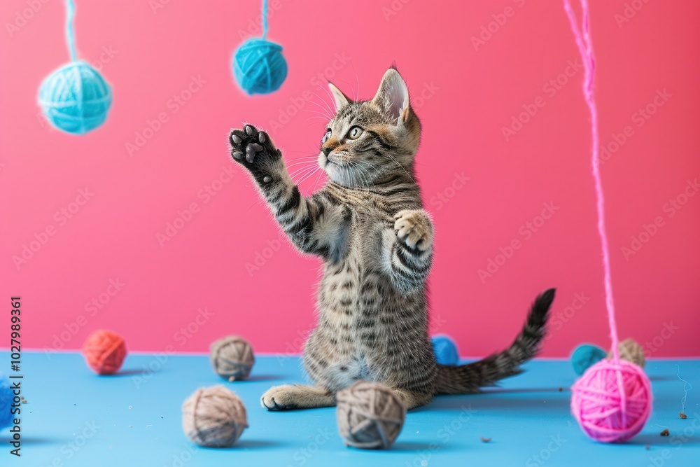 Poster two energetic kittens are happily playing with bright yarn and soft balls in a cheerful indoor envir