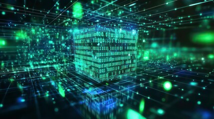 A glowing cube with binary code floating in a network of glowing lines and dots.