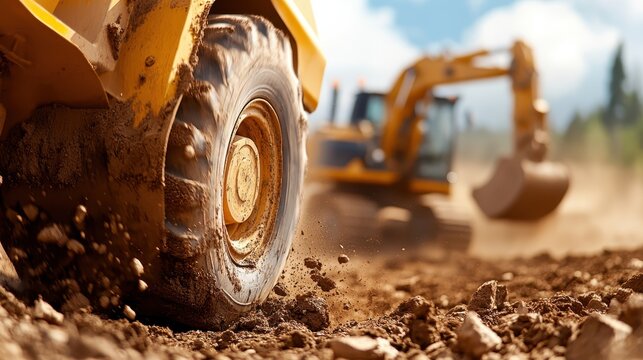 This image captures the intense momentum of a backhoe loader, as its tires spin and kick up dirt, showcasing energetic industrial work and mechanical strength.
