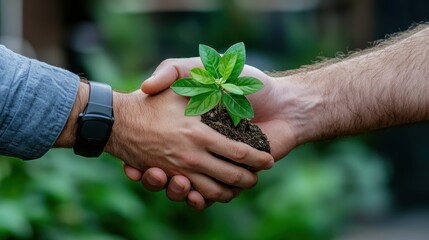 This image depicts a handshake where one person holds a plant with soil, illustrating themes of growth, support, and shared responsibility for the environment.