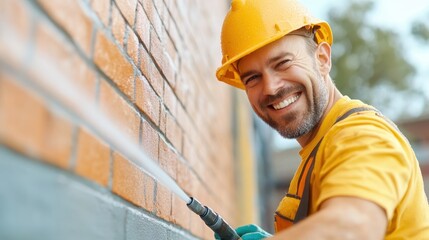 A cheerful worker donning a yellow safety helmet and gloves meticulously sprays an orange brick wall, highlighting the joyful energy and precision required in maintenance work.