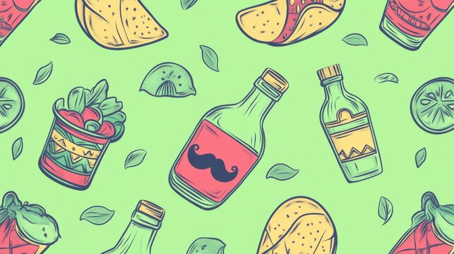 Green line art pattern with icons of a mariachi band, mustache, tequila bottle, and tacos on a light green background.