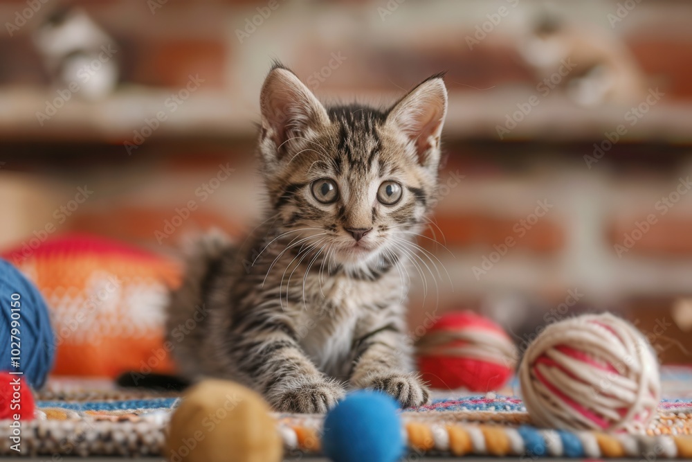 Poster a playful kitten explores vibrant yarn and balls scattered around, enjoying the lively atmosphere of