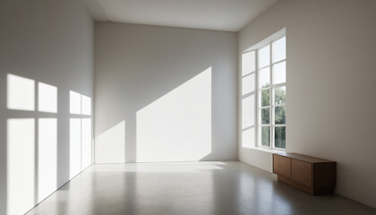 Fototapeta premium A minimalist room with a large window casting a geometric shadow on the wall.