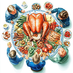Festliches Essen zum Erntedankfest oder als Weihnachtsessen – Traditionelles Familienmahl zu besonderen Anlässen als Illustration aus der Vogelperspektive