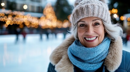 A joyful woman is seen ice skating outdoors, dressed warmly in a fur-lined coat and knitted hat, with twinkling lights adorning the background scenery.