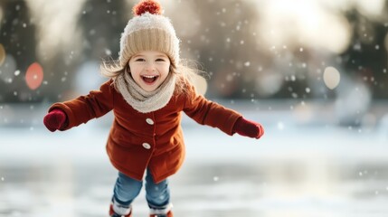 A young child is seen ice skating with pure delight, wearing a warm brown coat and red mittens, as snow gently falls around creating a serene wintry scene.