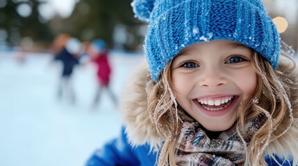 A beaming girl, donning a blue jacket, fur-lined hat, and scarf, is seen enjoying a snowy winter scene, full of vigor and exploring the magic of winter days.