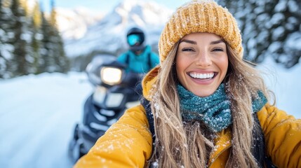 A woman in a yellow jacket and knitted hat smiles while riding a snowmobile through a snowy landscape, capturing the thrill and joy of winter adventure.